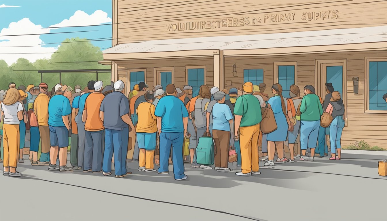 A line of people wait outside a food pantry in Guadalupe County, Texas, as volunteers distribute free groceries and disaster relief supplies