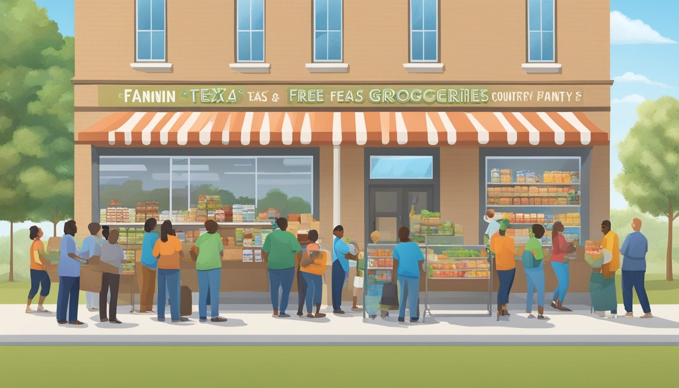 People lining up outside a food pantry, volunteers handing out groceries, and a sign displaying "Fannin County Texas Free Groceries" mission