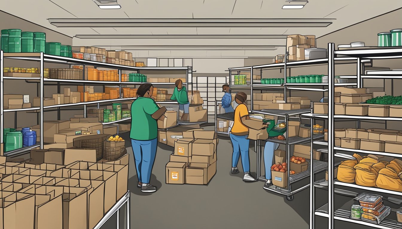 A bustling food bank in Hardeman County, Texas, with shelves stocked with groceries and volunteers assisting those in need