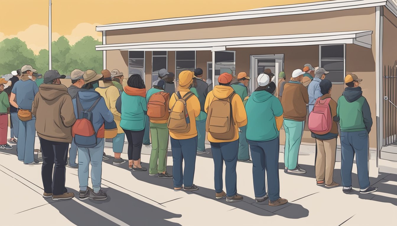 A line of people waits outside a food pantry in Guadalupe County, Texas, as volunteers distribute free groceries to those in need