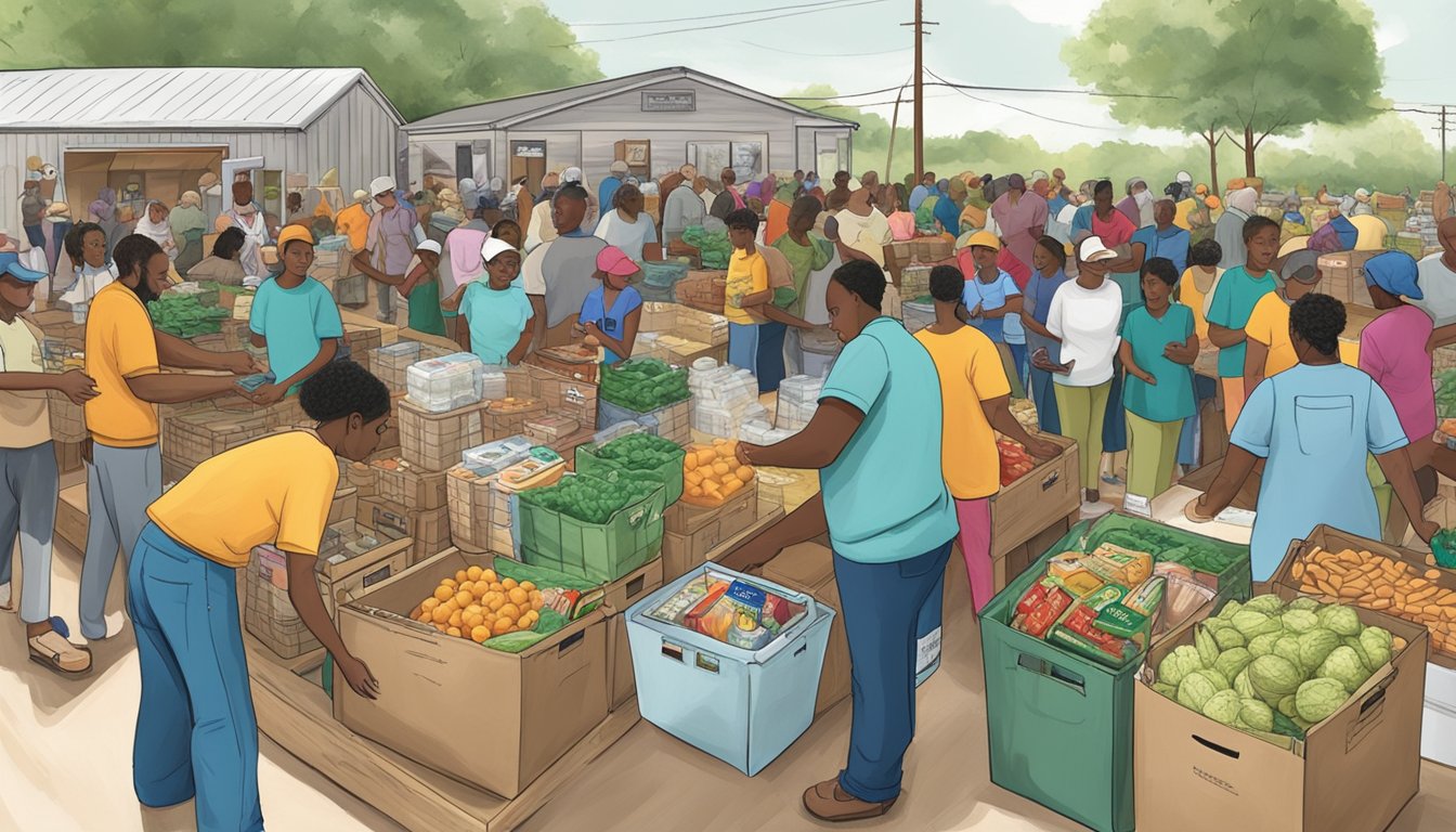 A bustling food pantry in Hardeman County, Texas, with volunteers distributing free groceries and providing nutrition education to those in need