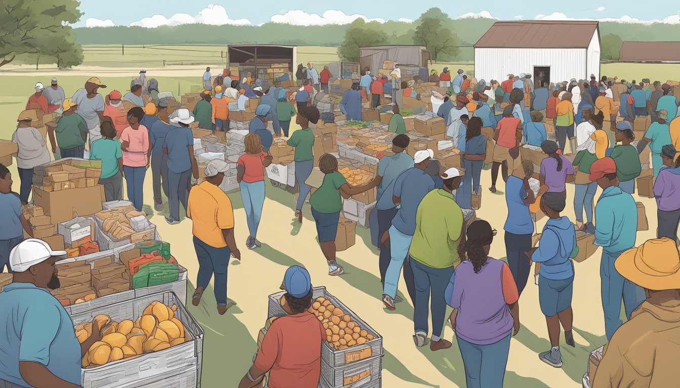 A bustling food distribution event in Hardeman County, Texas, with volunteers handing out free groceries and food pantry items to those in need