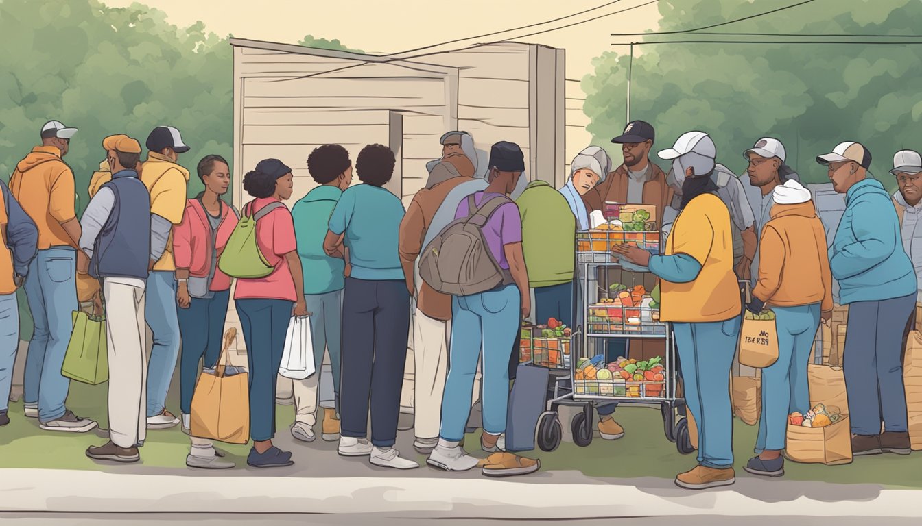 A line of people waits outside a food pantry, with volunteers handing out free groceries in Floyd County, Texas