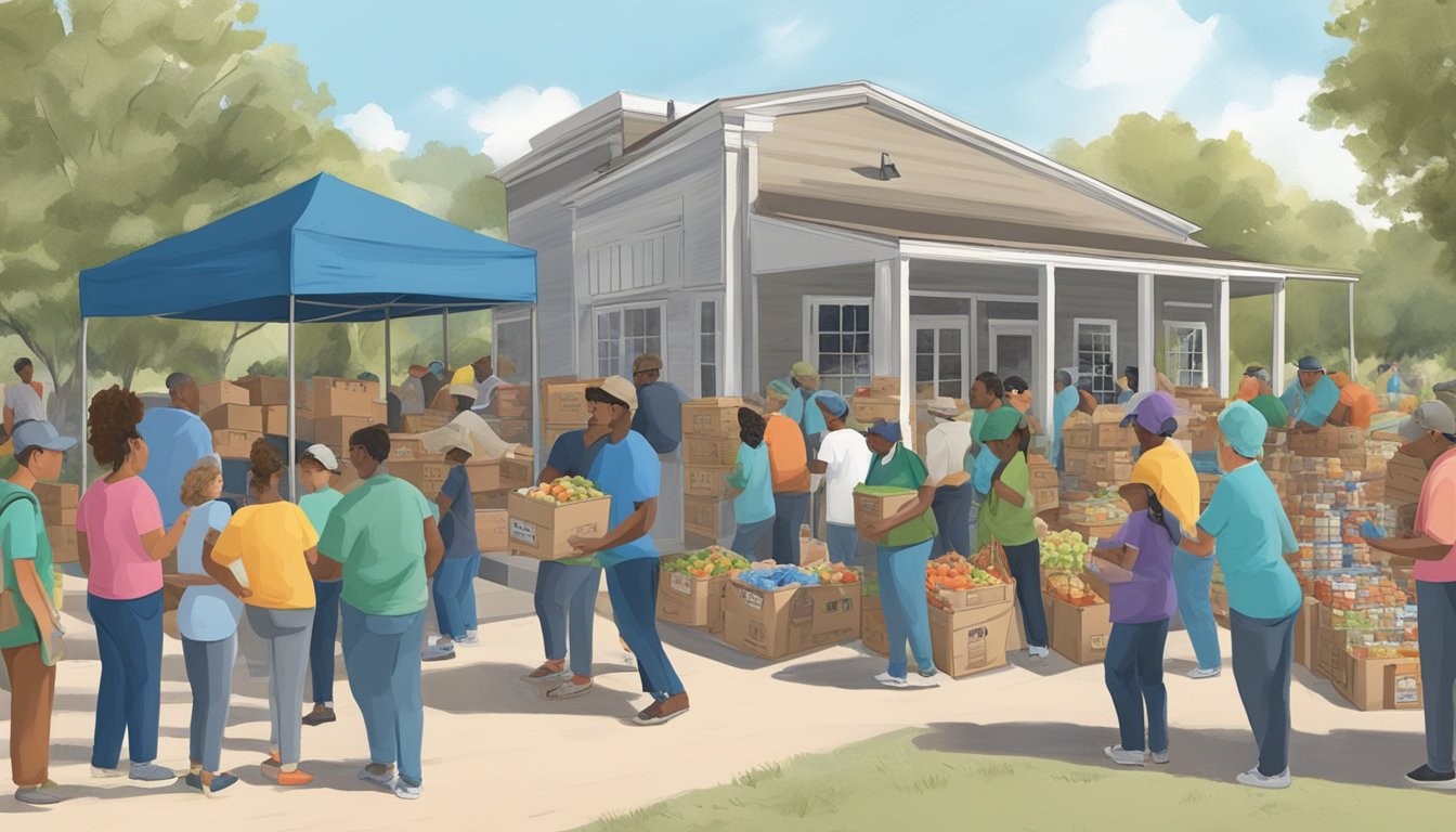 A bustling food pantry in Hardeman County, Texas, with volunteers distributing free groceries to those in need