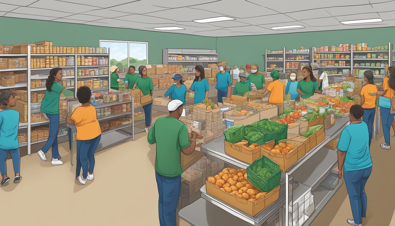 A bustling food pantry in Hamilton County, Texas, with volunteers distributing free groceries to those in need