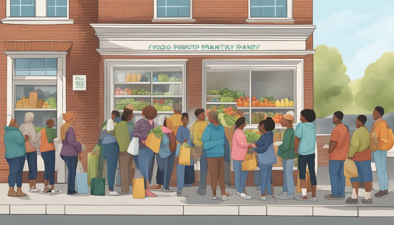 A line of people waits outside a small food pantry, with volunteers handing out bags of groceries and fresh produce