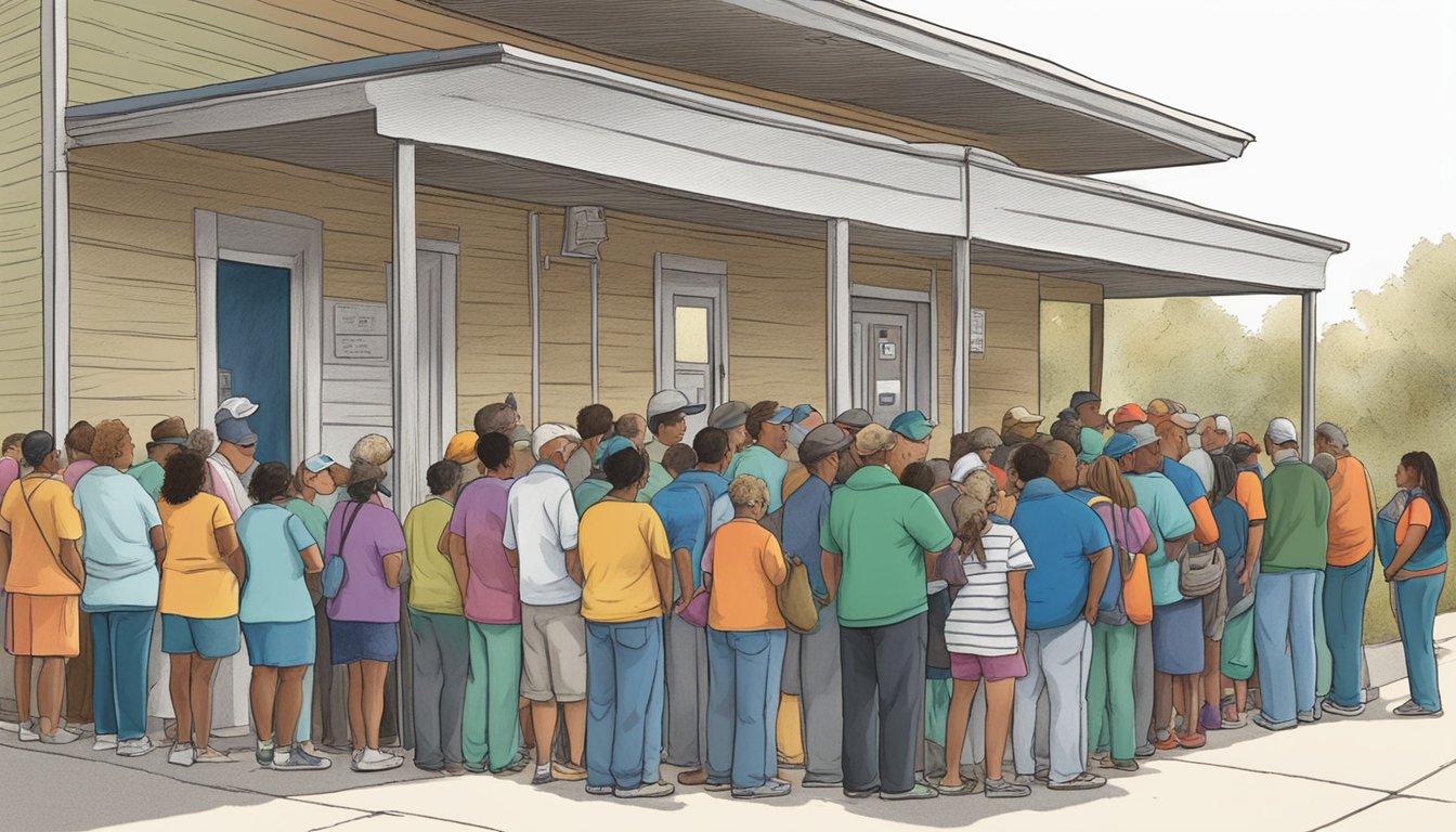 People lined up outside a small building, waiting to receive free groceries and food from the food bank in Floyd County, Texas