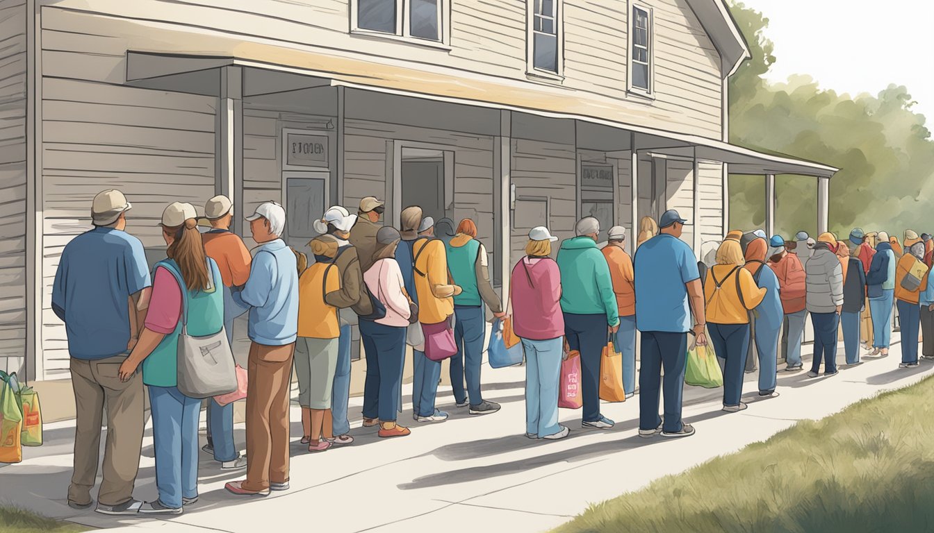 A line of people waiting outside a food pantry in Floyd County, Texas, with volunteers handing out bags of groceries