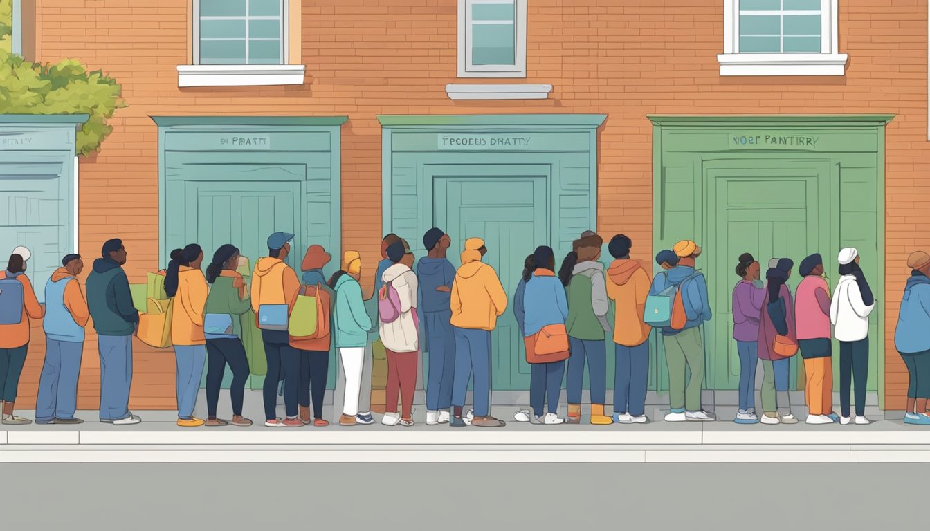 A line of people wait outside a food pantry, with volunteers distributing free groceries to those in need