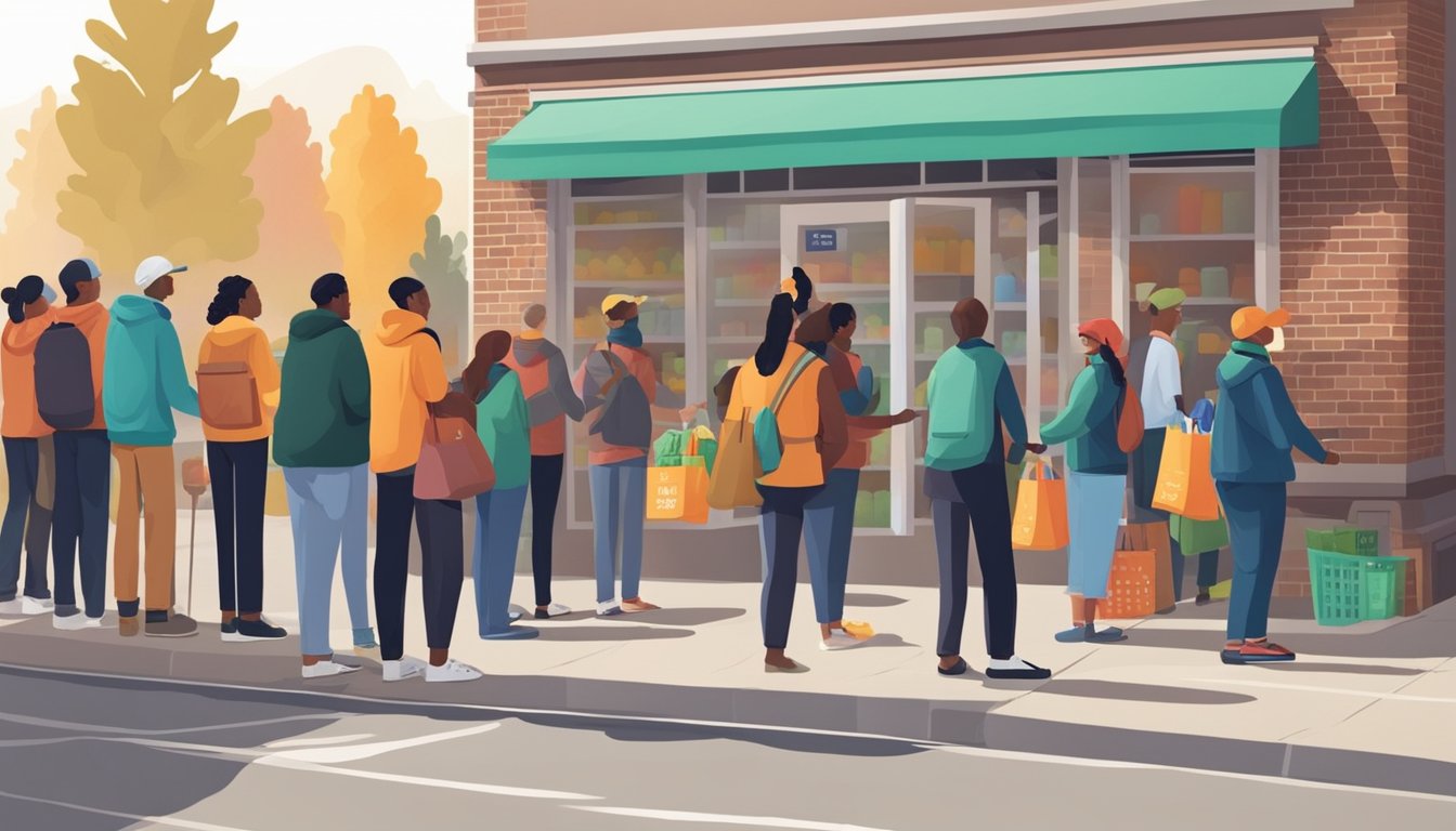 People waiting in line outside a food pantry, with volunteers distributing free groceries to those in need