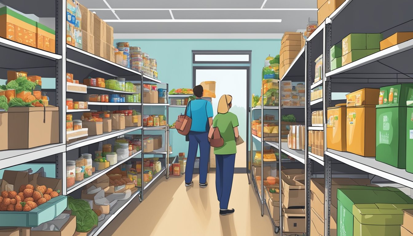 A bustling food pantry in Harrison County, Texas, with shelves stocked full of free groceries and volunteers assisting those in need