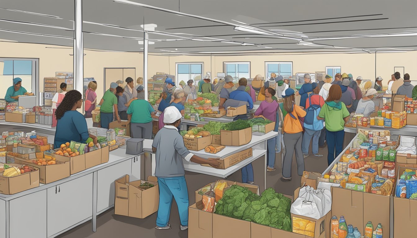 A bustling food pantry in Hamilton County, Texas, with volunteers distributing free groceries to those in need