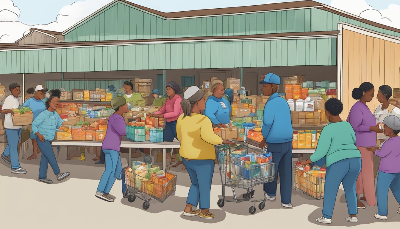 People receiving free groceries at a food pantry in Floyd County, Texas