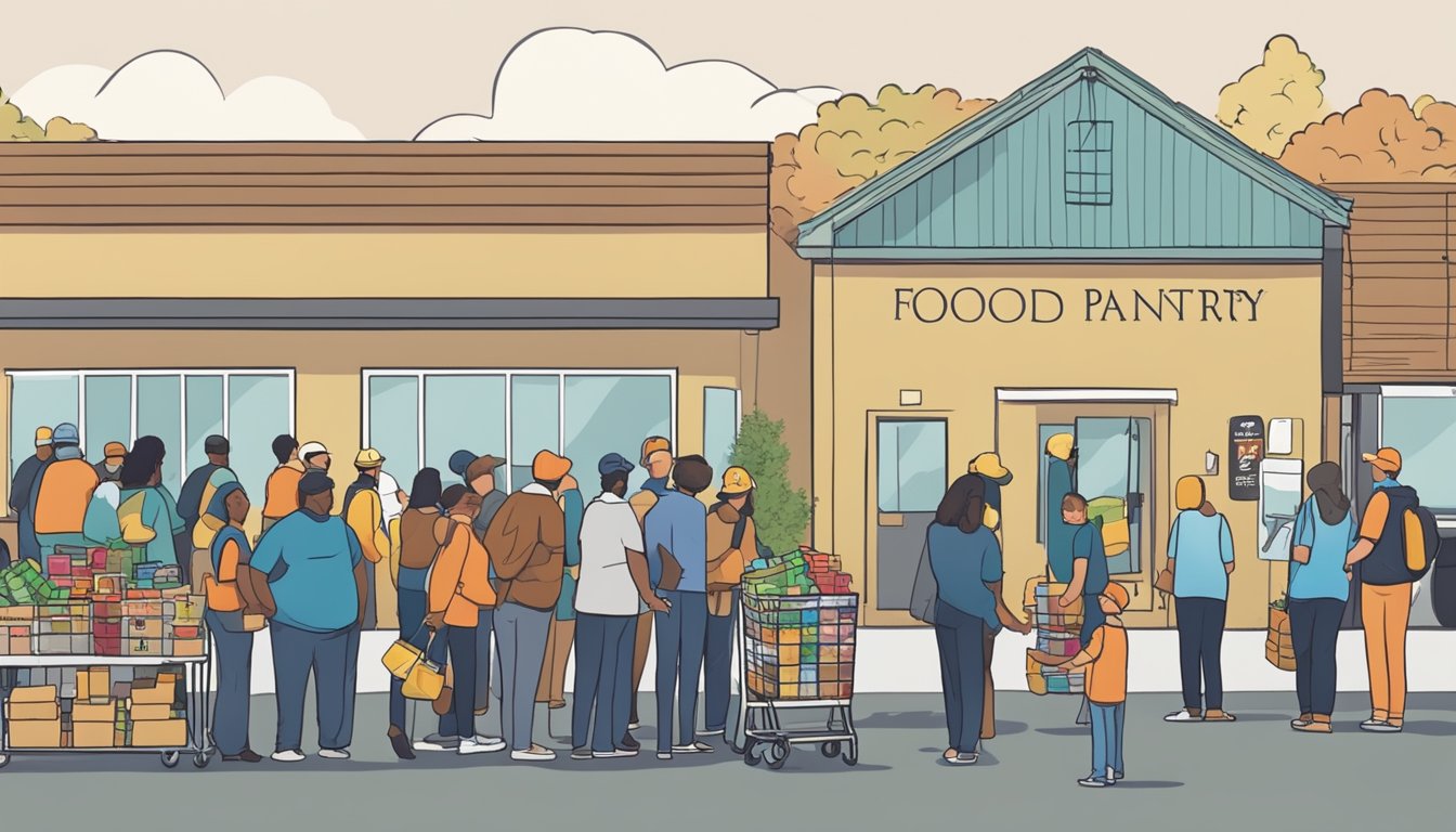 A line of people waiting outside a food pantry in Harrison County, Texas, with volunteers handing out free groceries