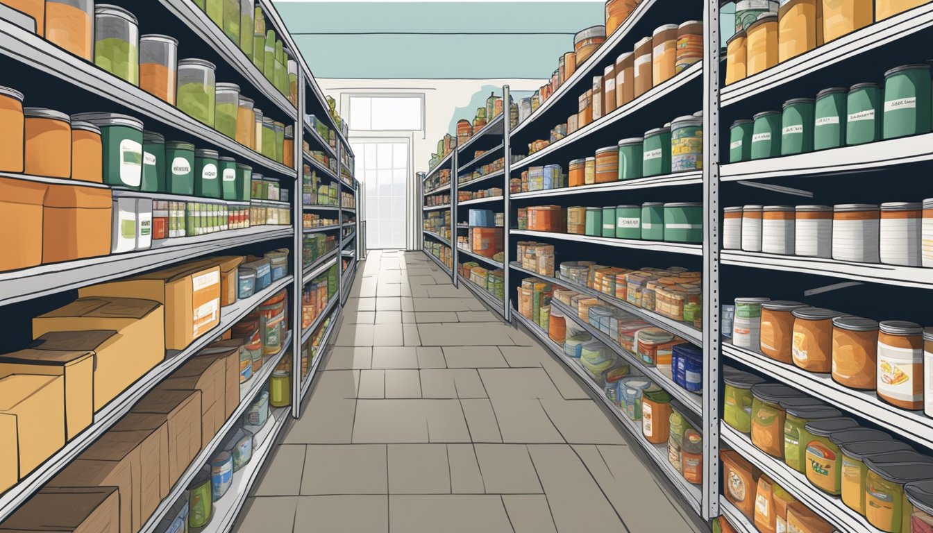 A bustling food pantry in Harrison County, Texas, filled with shelves of canned goods, fresh produce, and essential groceries for those in need