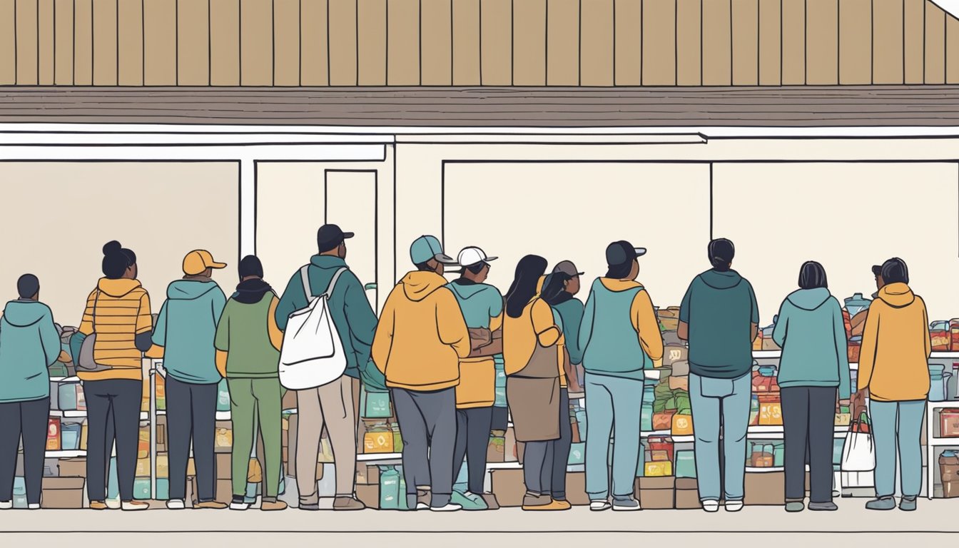 A line of people wait outside a food pantry in Hamilton County, Texas. Volunteers hand out free groceries to those in need