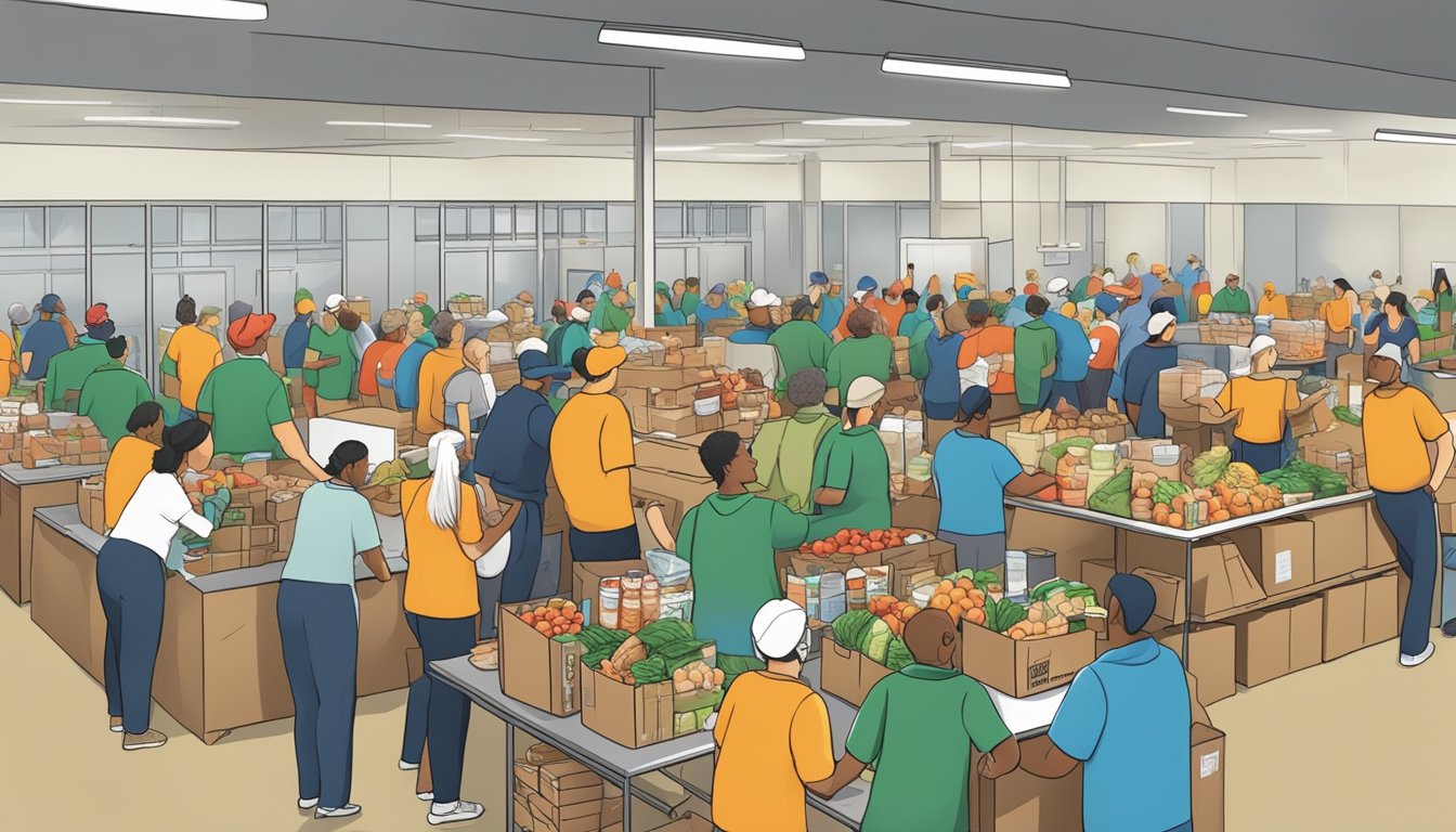 A bustling food bank with volunteers distributing groceries to those in need