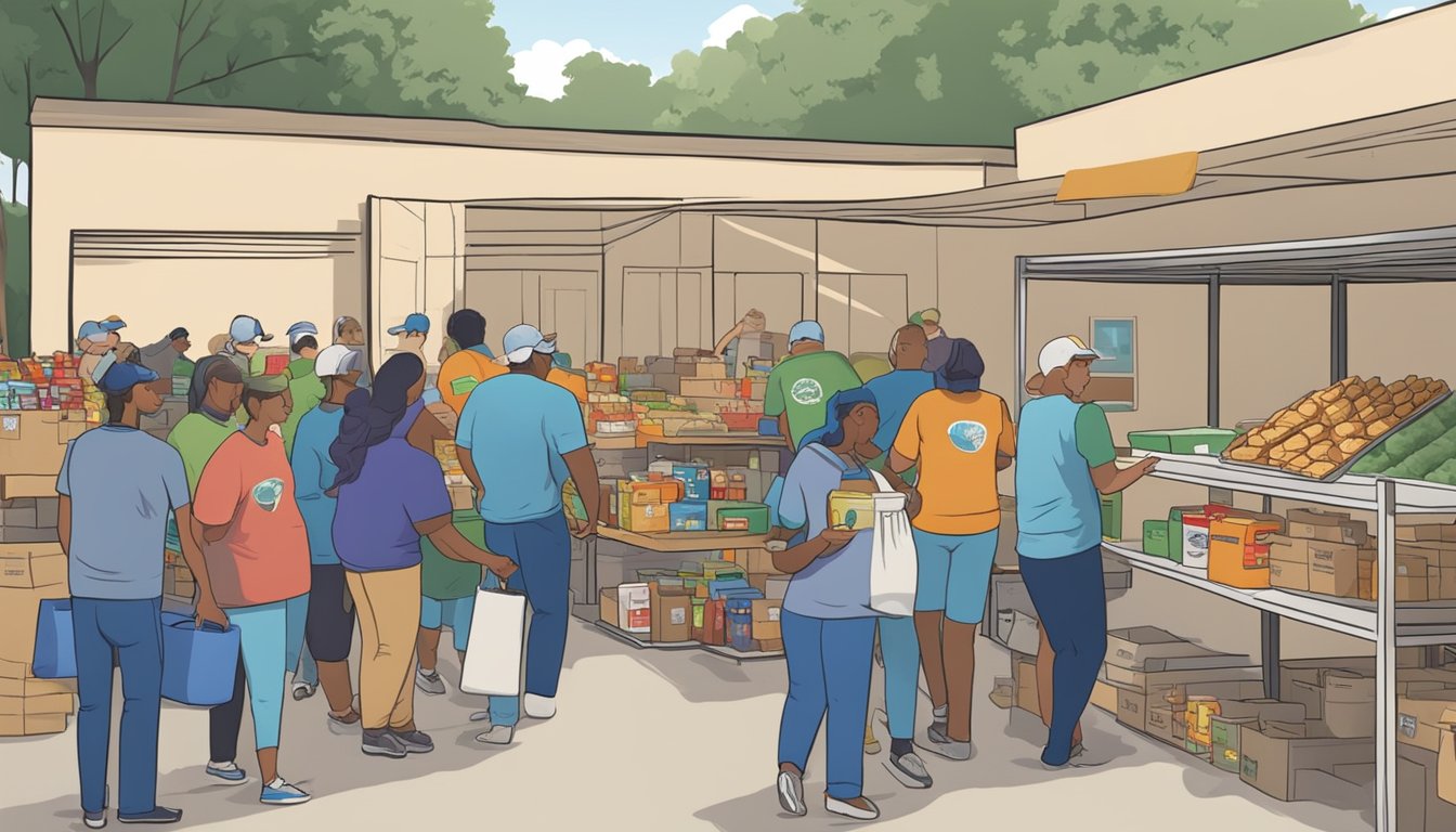 A bustling food pantry in Harrison County, Texas, with volunteers handing out free groceries to those in need