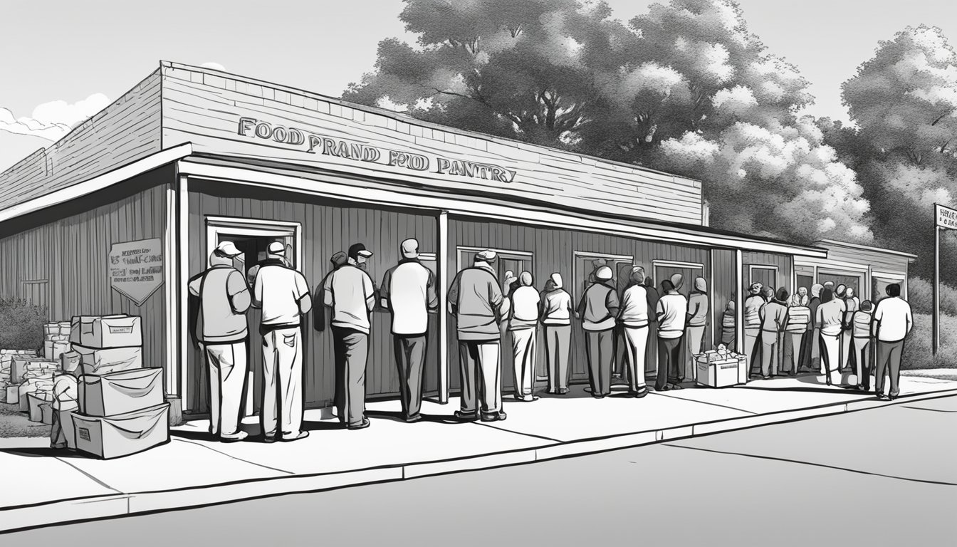 A line of people wait outside a food pantry in Franklin County, Texas. Volunteers hand out free groceries to those in need