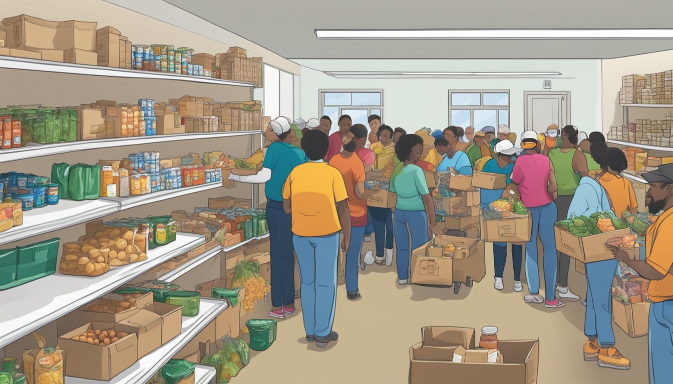 A bustling food pantry in Hardin County, Texas, with volunteers distributing free groceries to those in need