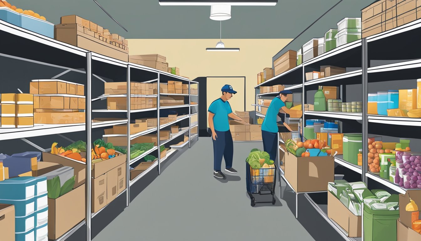 A bustling food pantry in Franklin County, Texas, with shelves stocked full of groceries and volunteers assisting those in need