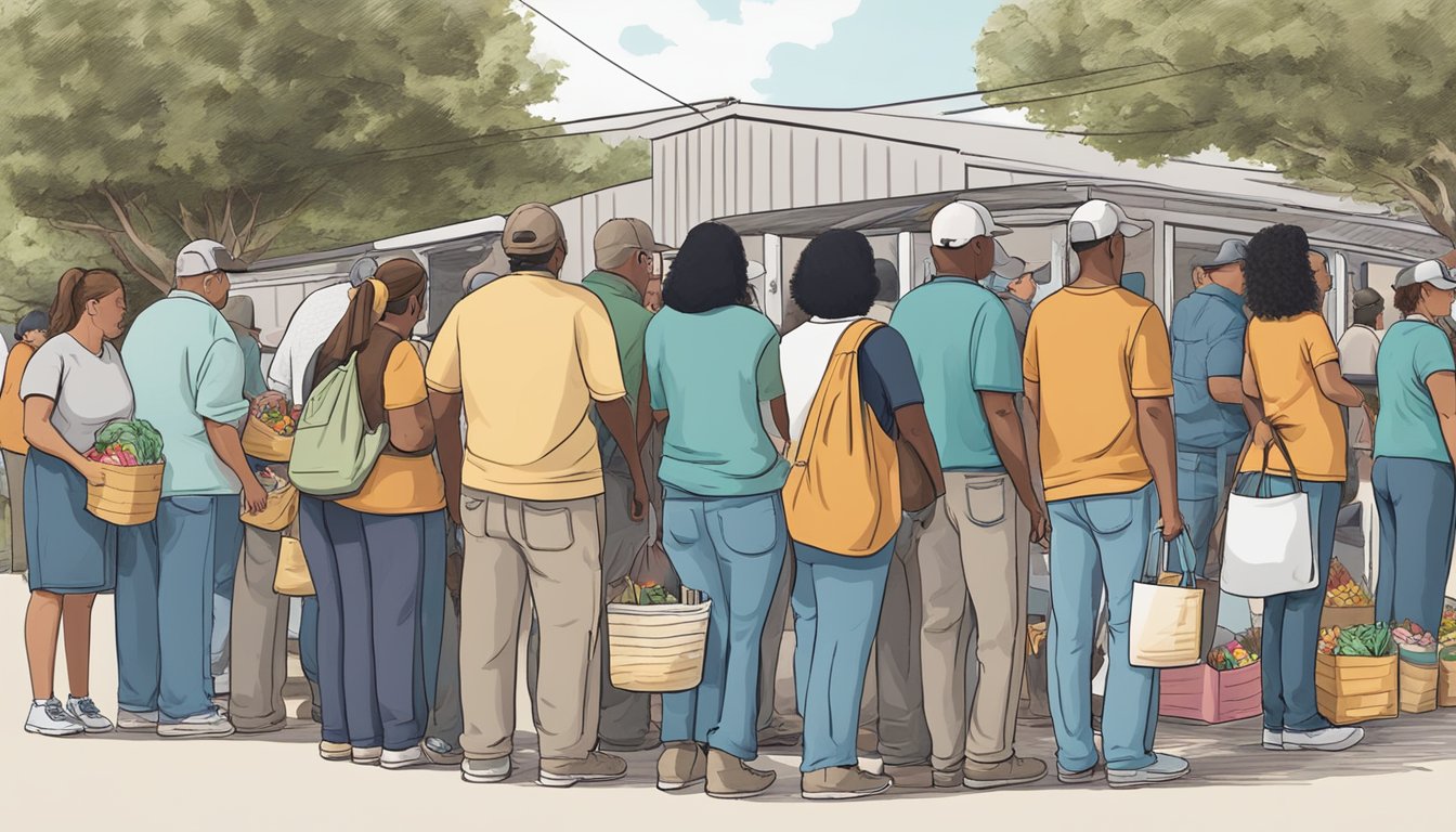 A line of people waiting outside a food pantry in Hardin County, Texas, with volunteers distributing free groceries to those in need