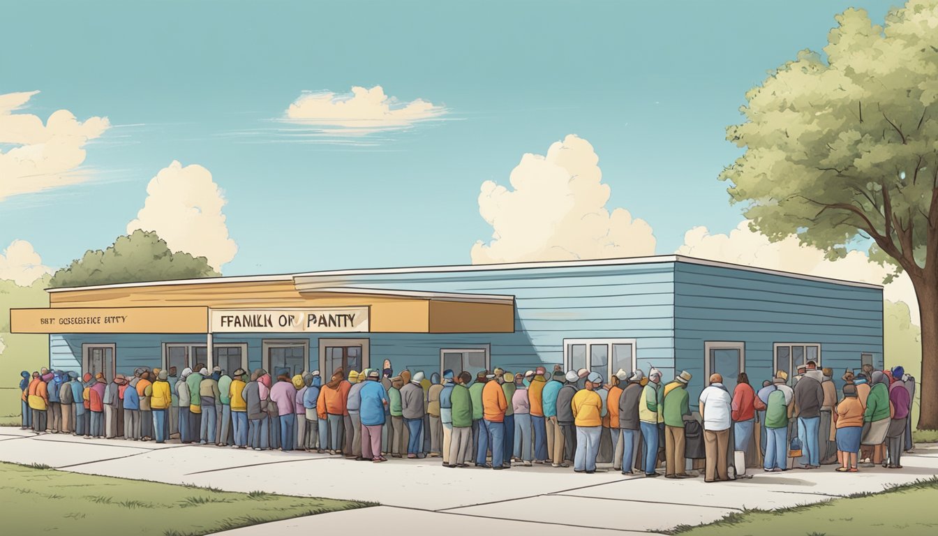 A line of people wait outside a food pantry in Franklin County, Texas. Volunteers hand out free groceries to those in need