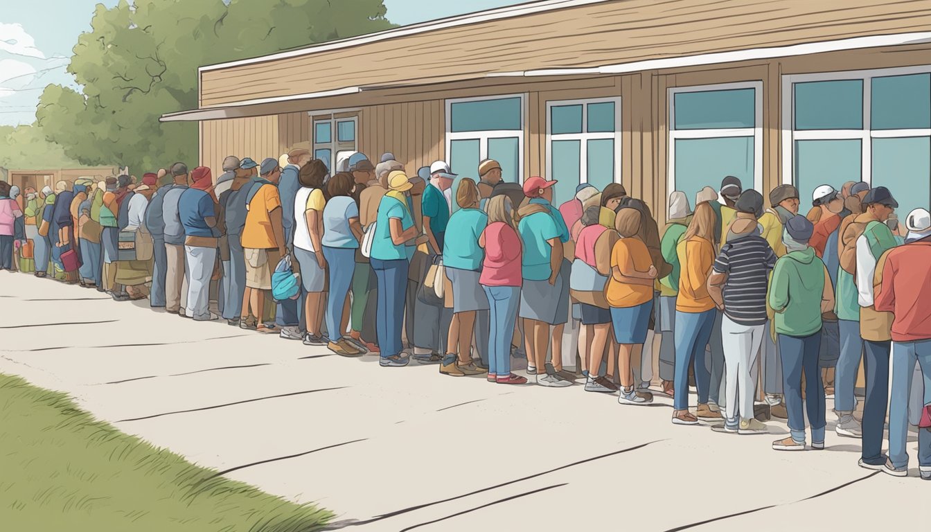 A line of people wait outside a food pantry in Hardin County, Texas, as volunteers distribute free groceries to those in need