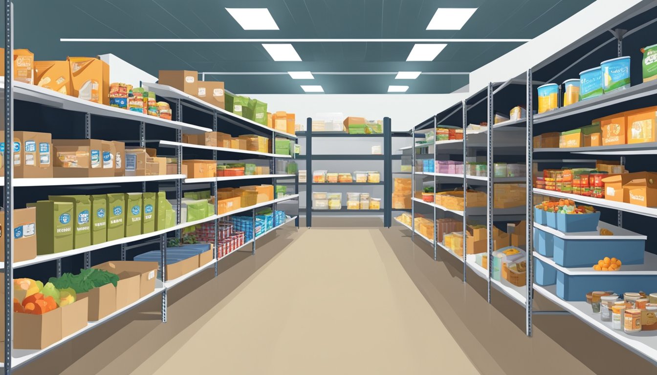 A bustling food pantry in Franklin County, Texas, with shelves stocked full of free groceries and nutritional support services available for those in need