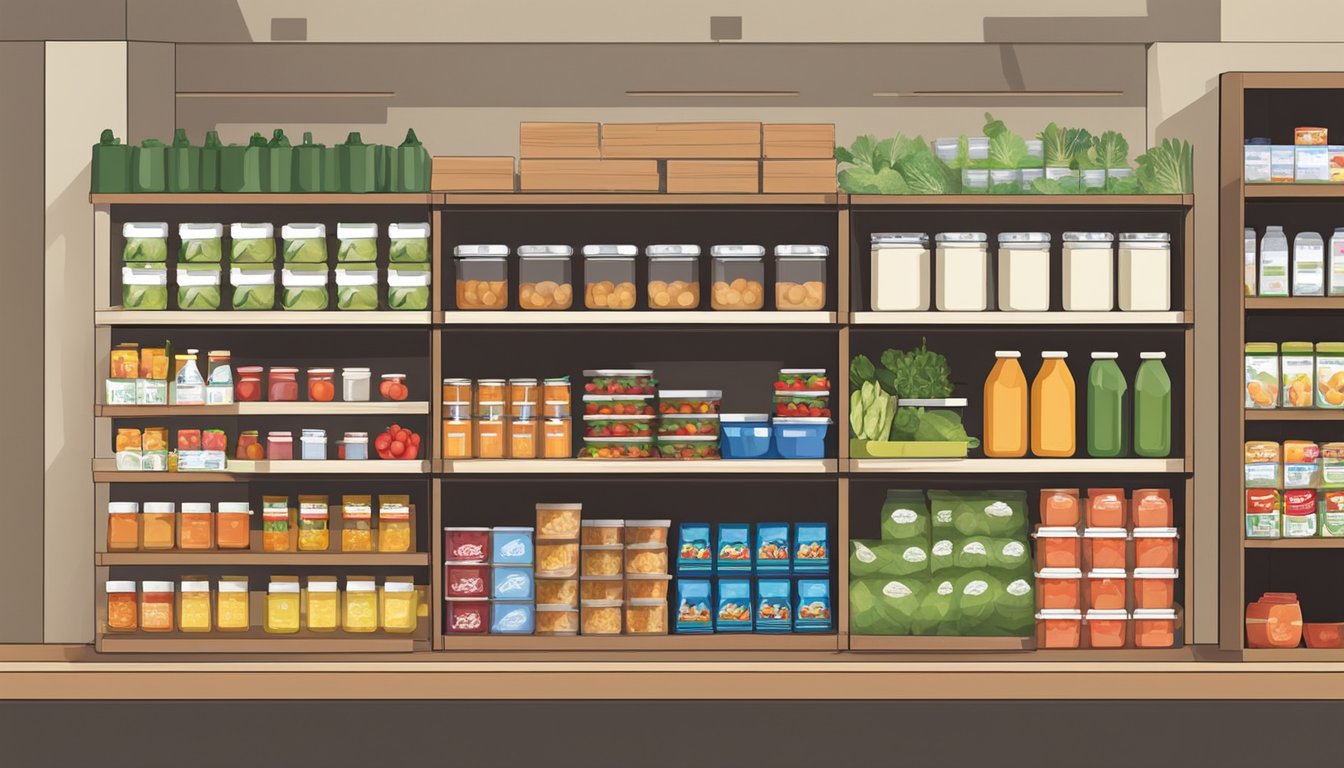 A community center with shelves stocked with canned goods, fresh produce, and other groceries. Volunteers provide education on nutrition and assist those in need