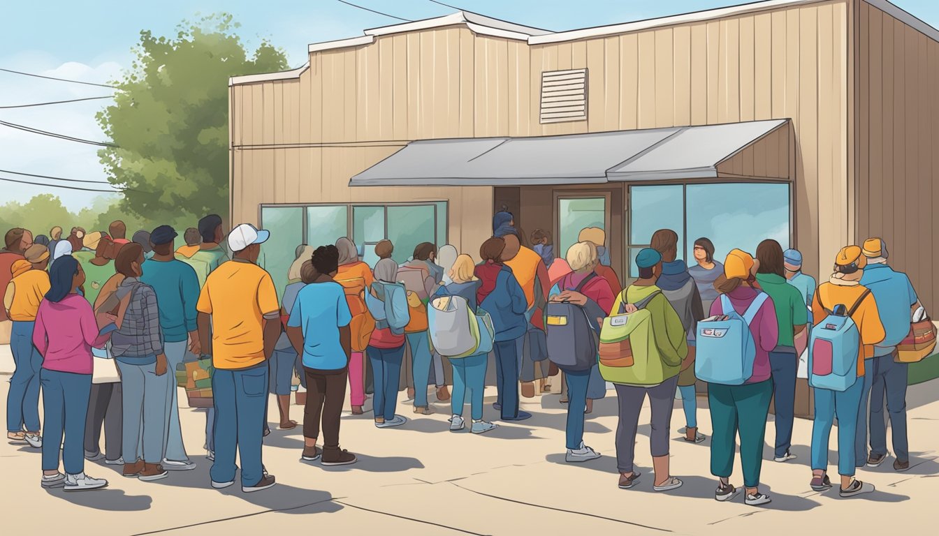 A line of people waits outside a local food pantry in Hardin County, Texas, as volunteers distribute free groceries to those in need