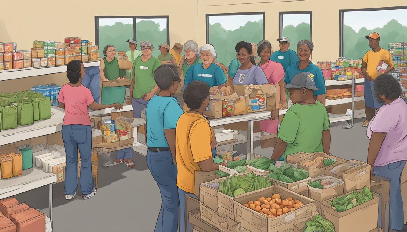 A bustling food pantry in Hays County, Texas, with volunteers distributing free groceries to those in need