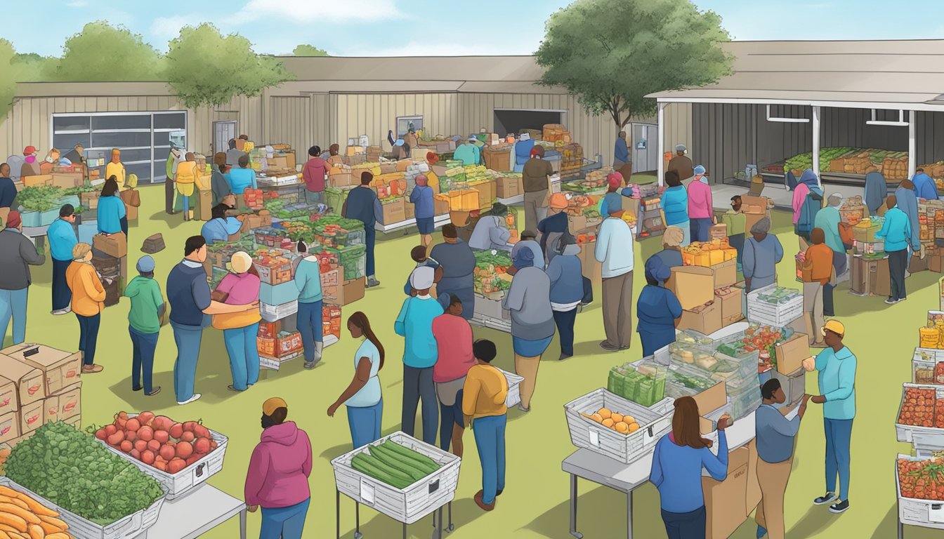 People gather at Franklin County Texas free food pantries, collaborating to distribute groceries to those in need