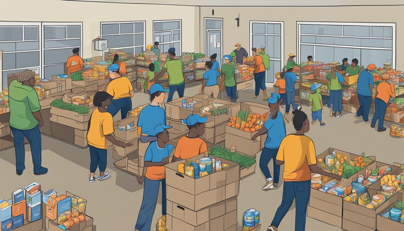 A bustling food pantry in Hardin County, Texas, with volunteers distributing free groceries to those in need, while partner organizations and donors work together to support the community