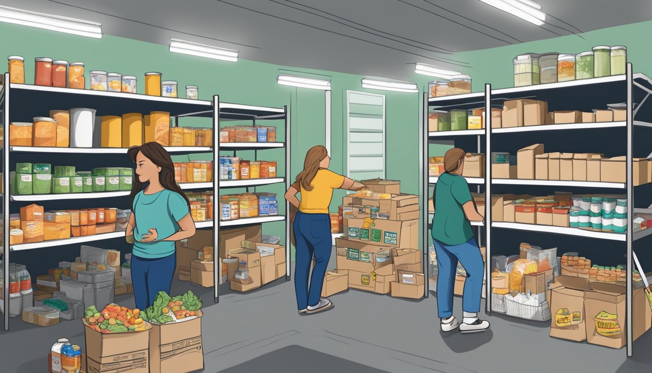 A bustling food pantry in Hays County, Texas, with shelves stocked full of groceries and volunteers assisting those in need