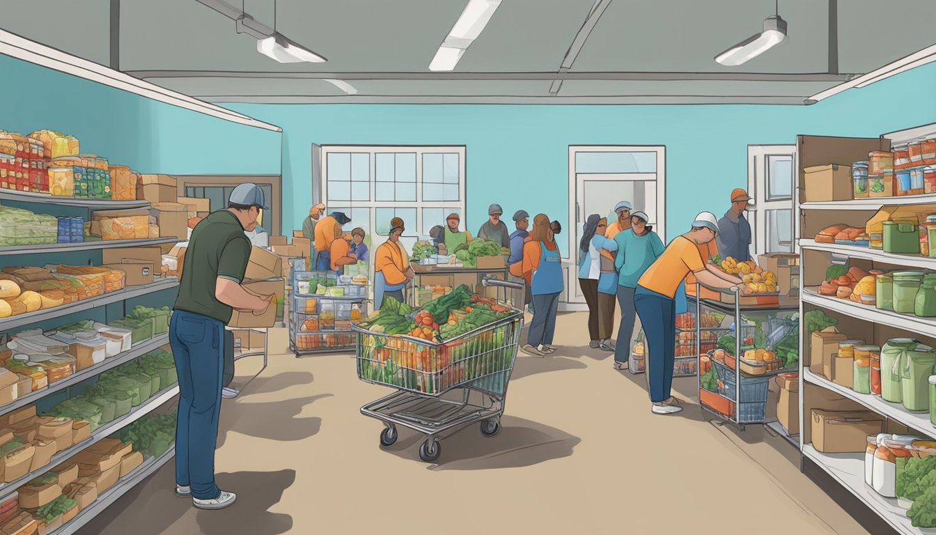 A bustling food pantry in Franklin County, Texas, with volunteers distributing free groceries to those in need