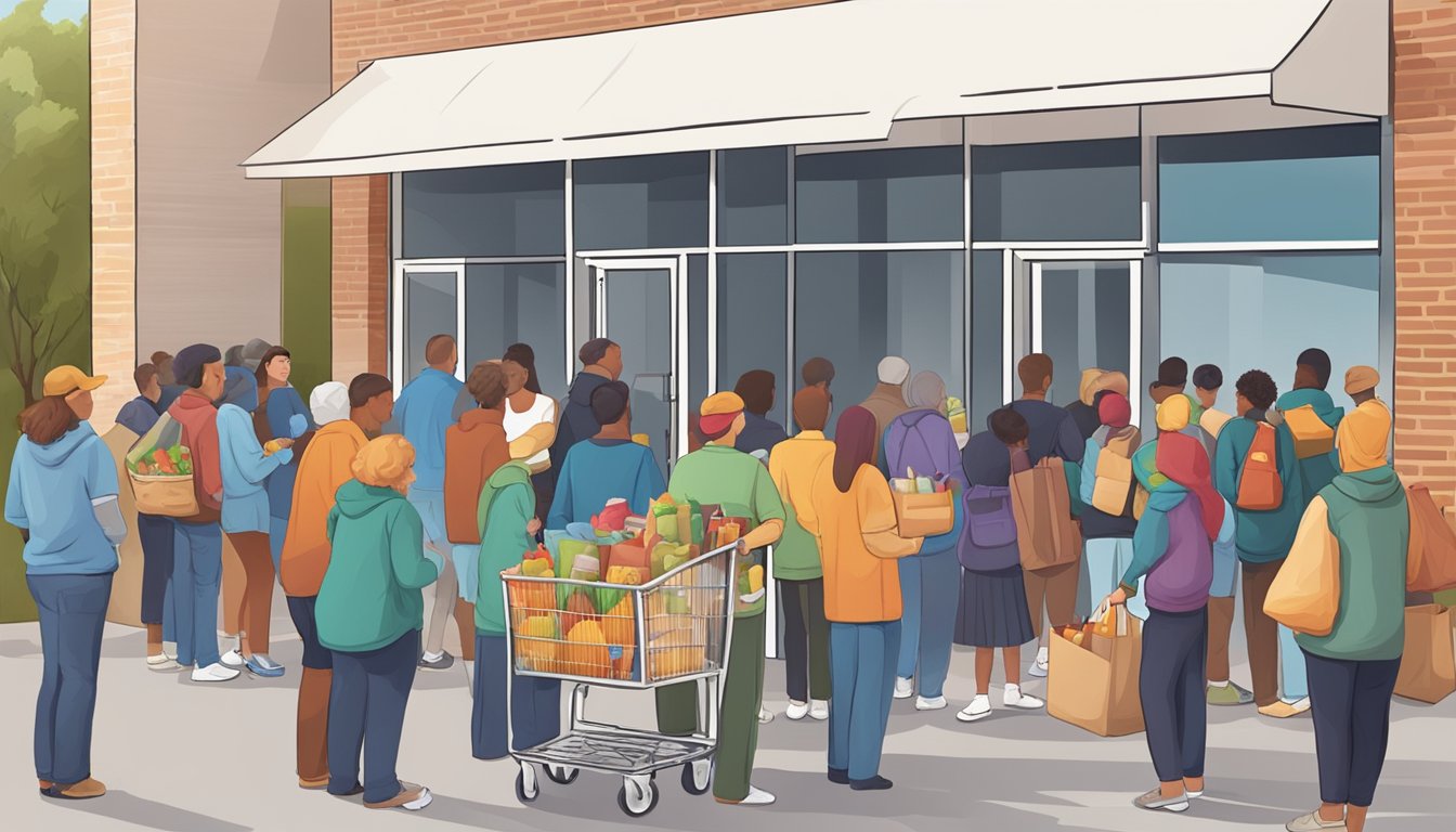 A line of people waiting outside a food pantry, with volunteers distributing groceries and supplies