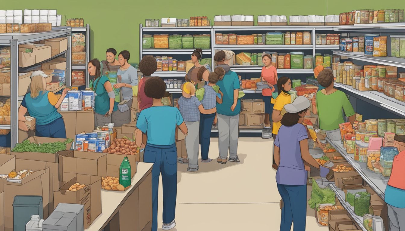 A bustling food pantry in Hays County, Texas, with volunteers distributing free groceries to those in need