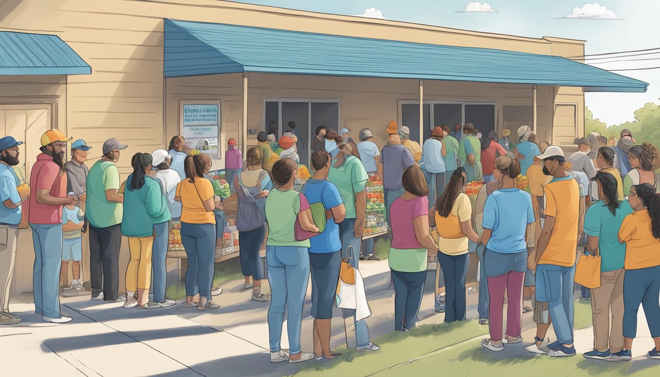 A line of people waiting outside a food pantry in Hays County, Texas, with volunteers handing out free groceries