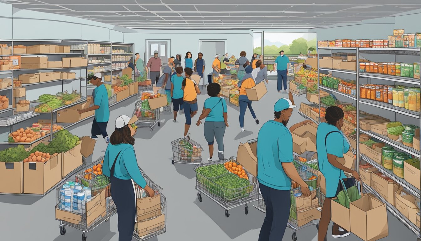 A bustling food pantry in Hays County, Texas, with volunteers distributing free groceries to community members in need