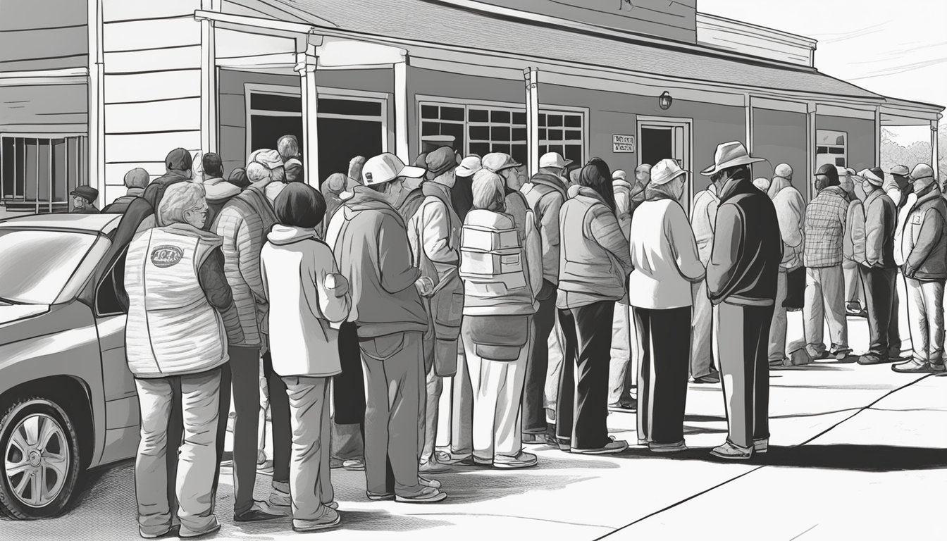 A line of people waits outside a food pantry in Gaines County, Texas, while volunteers distribute free groceries to those in need