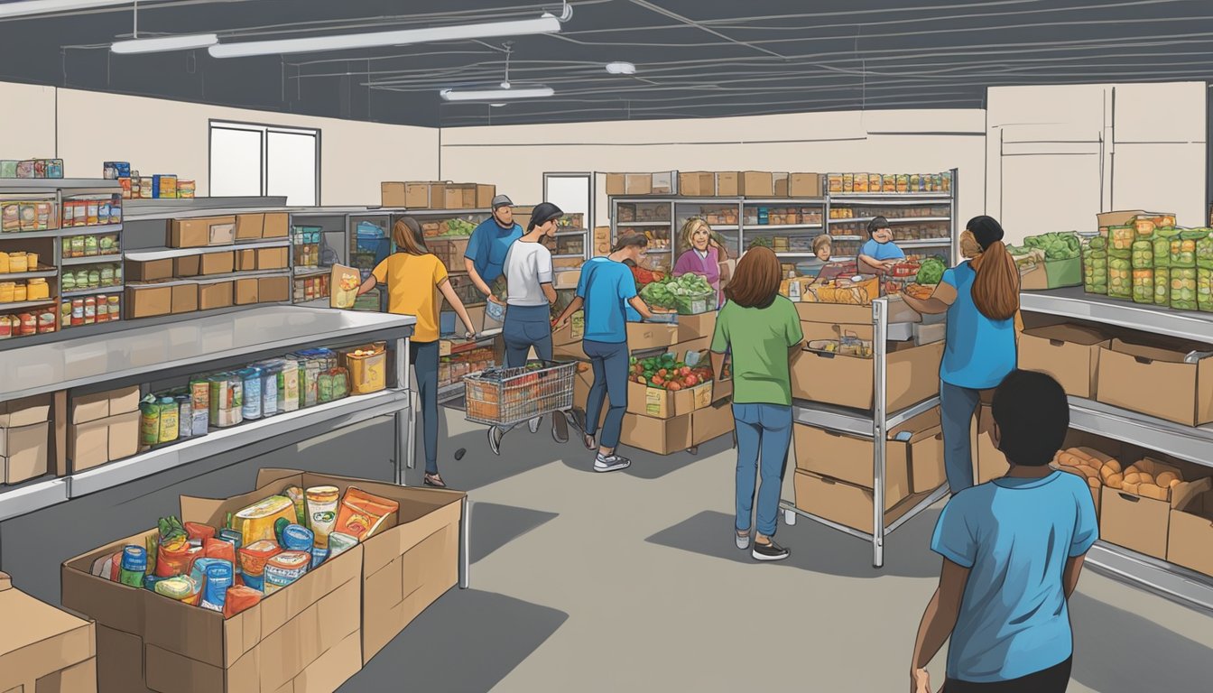 A bustling food pantry in Hays County, Texas, with volunteers distributing free groceries to those in need