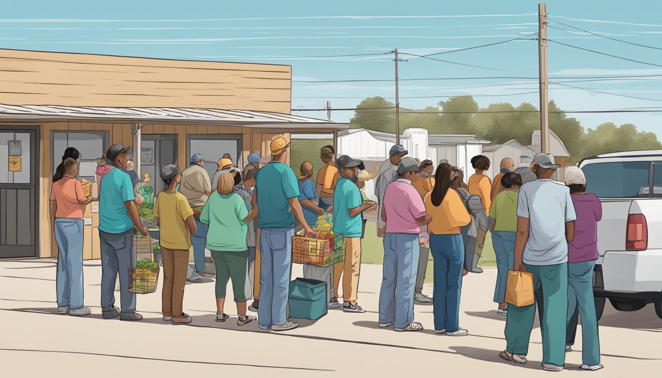 A line of people wait outside a small food pantry in Gaines County, Texas. Volunteers distribute free groceries to those in need