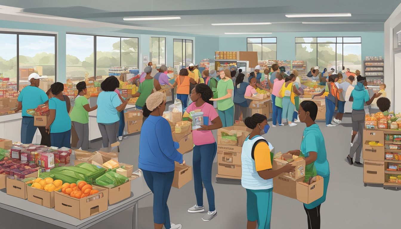 A bustling food pantry in Hays County, Texas, with volunteers distributing free groceries to those in need