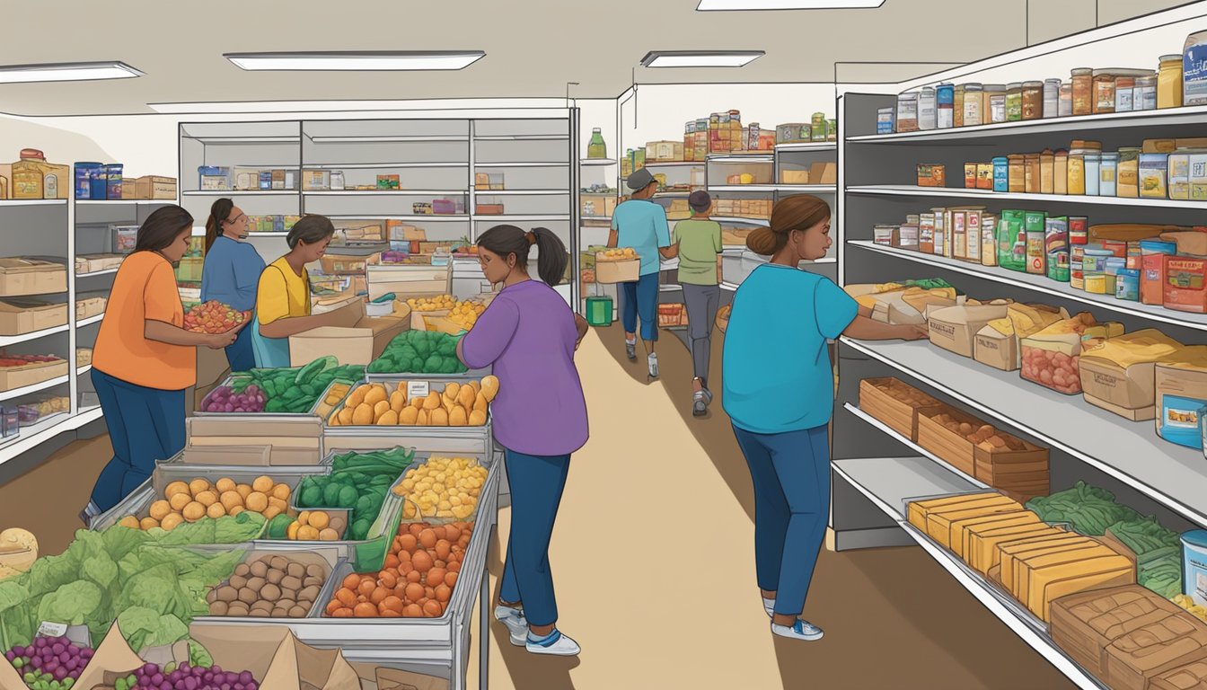 A bustling food pantry in Hartley County, Texas, with shelves stocked full of free groceries and volunteers assisting those in need