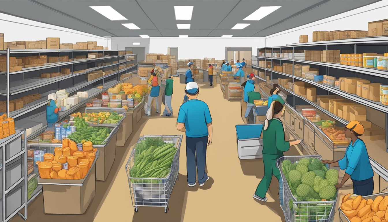 A bustling food bank in Gaines County, Texas, with shelves stocked full of free groceries and volunteers helping those in need