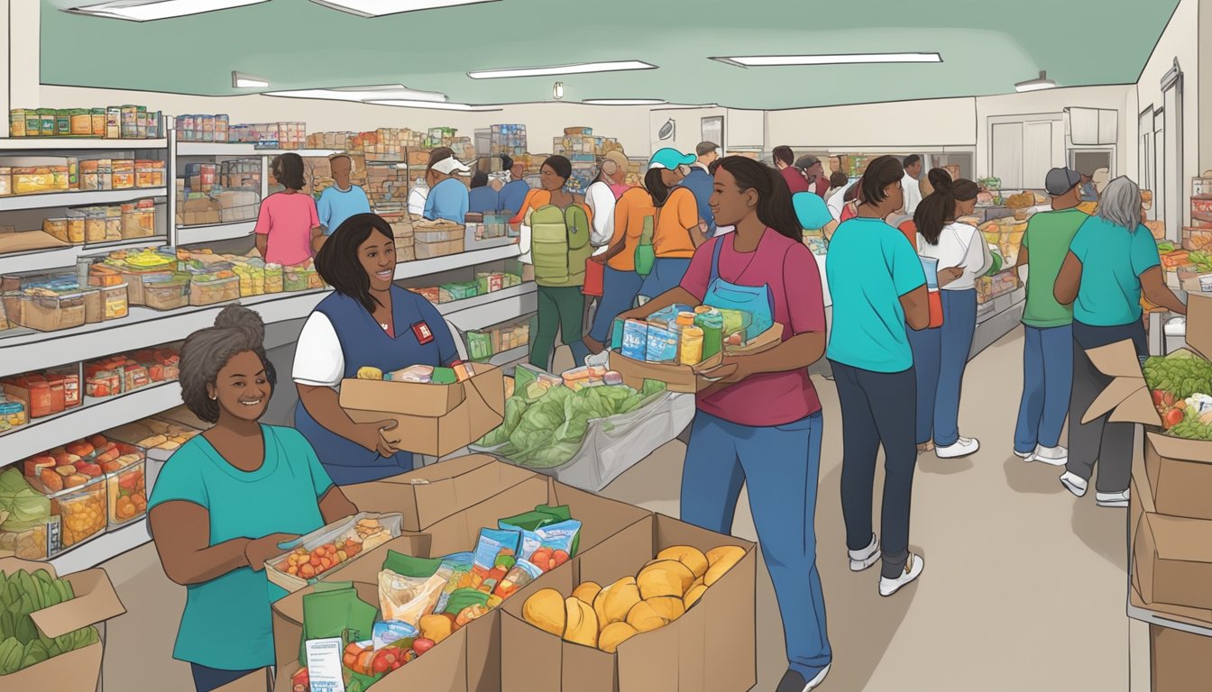 A bustling food pantry in Hays County, Texas, with volunteers handing out free groceries to those in need