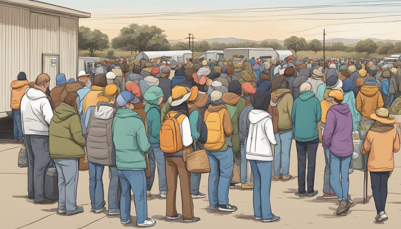 A line of people waiting outside a food pantry in Hartley County, Texas. Volunteers distribute free groceries to those in need