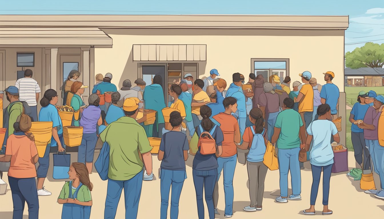 A line of people outside a food pantry in Gaines County, Texas, with volunteers handing out free groceries