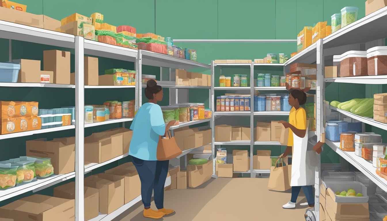 A bustling food pantry in Hartley County, Texas, with volunteers distributing free groceries to those in need